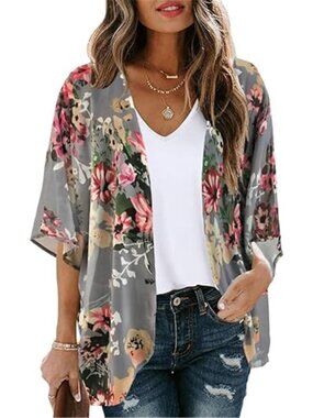 Women's Floral Print Puff Sleeve Kimono Cardigan Loose Cover Up Dark Grey Blouse